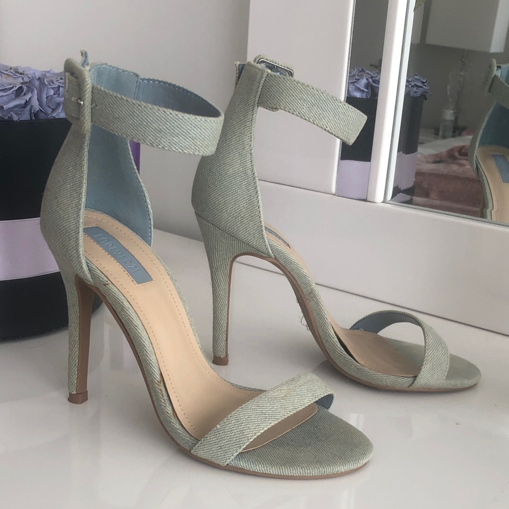 Forever 21 Women’s Ankle-Strap High Heel Denim Sandals in Sage Green 6